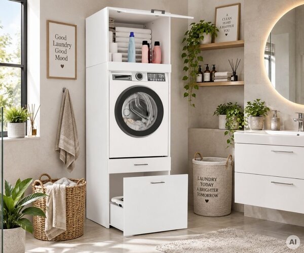 Wysoka szafka na pralkę z szufladą biel 212cm | Umeblowana.com