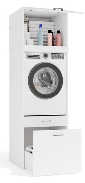 Wysoka szafka na pralkę z szufladą biel 212cm | Umeblowana.com