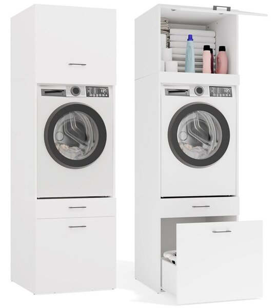 Wysoka szafka na pralkę z szufladą biel 212cm | Umeblowana.com