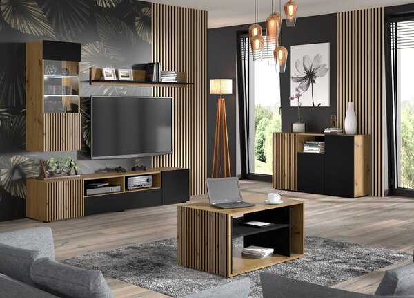 Prostokątna ława do salonu z półką artisan lamele | Umeblowana.com