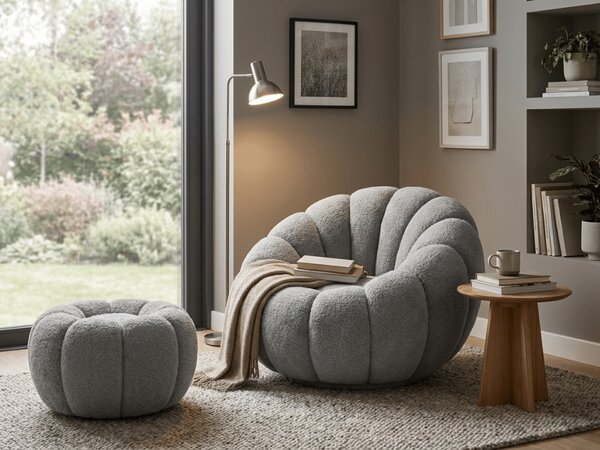 Fotel designerski BLOOM z podnóżkiem, szary