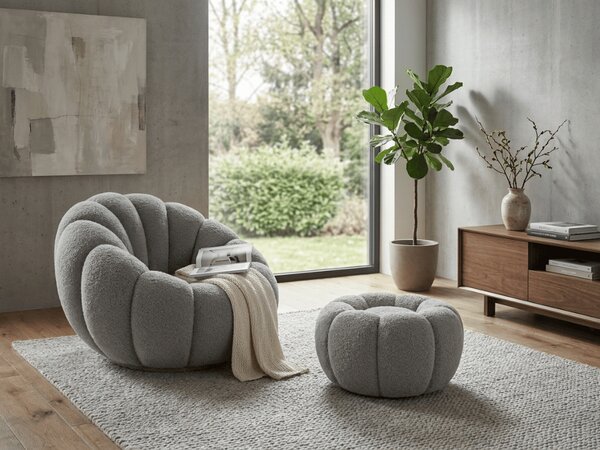 Fotel designerski BLOOM z podnóżkiem, szary
