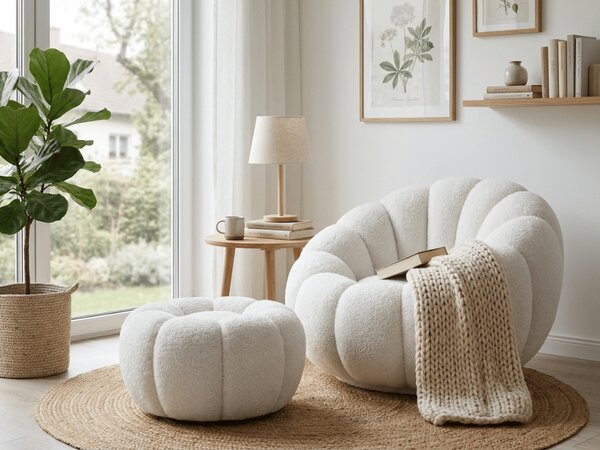 Fotel designerski BLOOM z podnóżkiem, biały