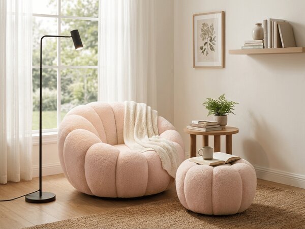 Fotel designerski BLOOM z podnóżkiem, jasnoróżowy