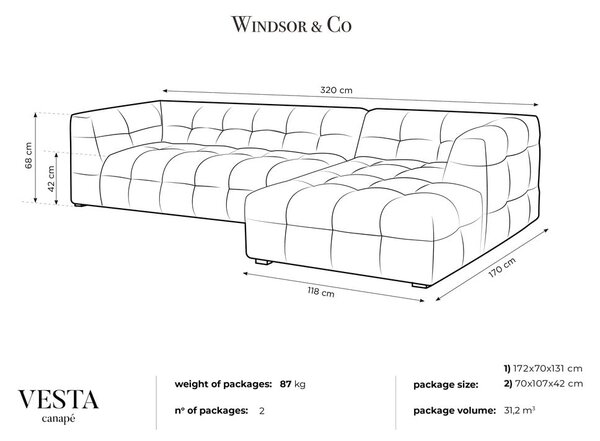 Szary aksamitny narożnik Windsor & Co Sofas Vesta, prawostronny
