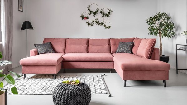 Różowa aksamitna rozkładana sofa w kształcie litery "U" Miuform Stylish Stan, prawostronna
