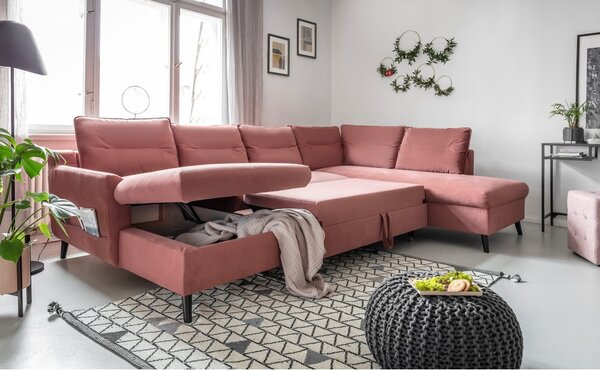 Różowa aksamitna rozkładana sofa w kształcie litery "U" Miuform Stylish Stan, prawostronna