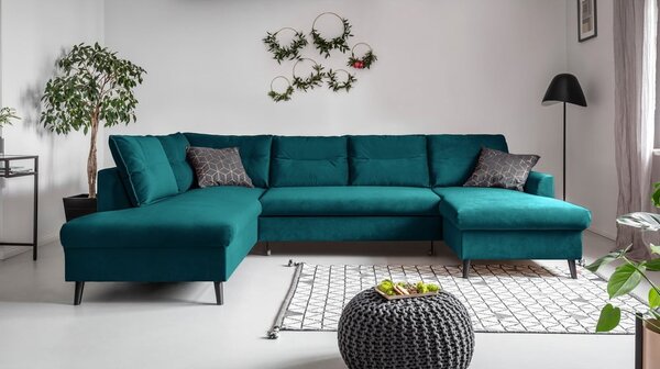Turkusowa aksamitna rozkładana sofa w kształcie litery "U" Miuform Stylish Stan, lewostronna