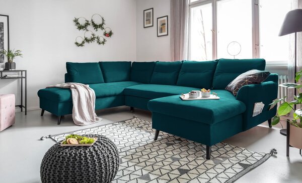 Turkusowa aksamitna rozkładana sofa w kształcie litery "U" Miuform Stylish Stan, lewostronna