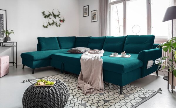 Turkusowa aksamitna rozkładana sofa w kształcie litery "U" Miuform Stylish Stan, lewostronna