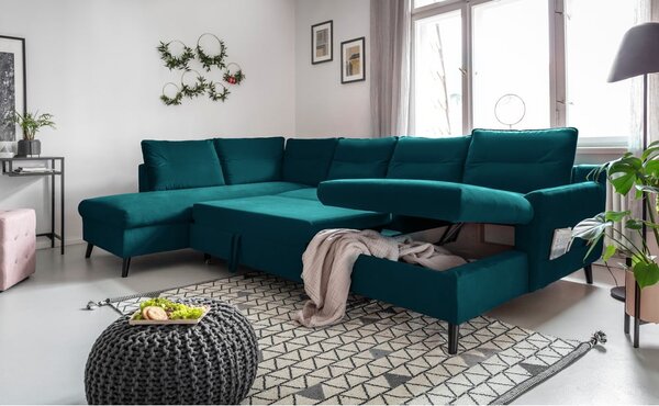 Turkusowa aksamitna rozkładana sofa w kształcie litery "U" Miuform Stylish Stan, lewostronna