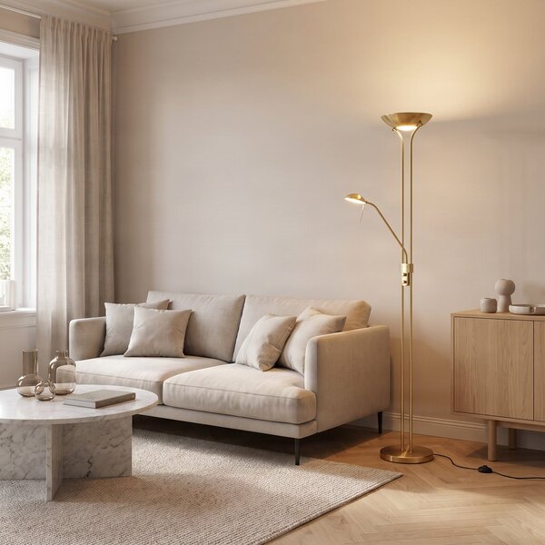 Lampa Podłogowa Lindby, Josefin, ściemnialny, złoty | mosiężny, salon, metal, nowoczesny