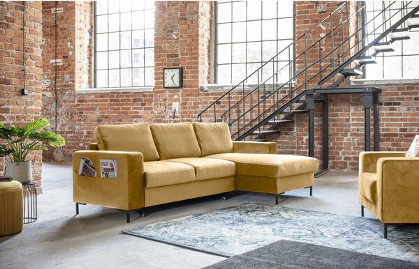 Musztardowożółty aksamitny narożnik rozkładany Miuform Lofty Lilly, prawostronny