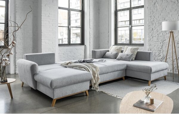 Jasnoszara rozkładana sofa w kształcie litery "U" Miuform Scandic Lagom, prawostronna