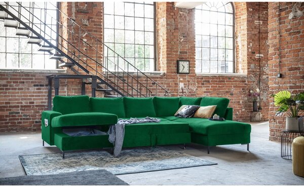 Zielona aksamitna rozkładana sofa w kształcie litery "U" Miuform Lofty Lilly, prawostronna