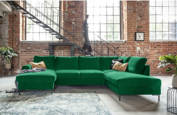 Zielona aksamitna rozkładana sofa w kształcie litery "U" Miuform Lofty Lilly, prawostronna