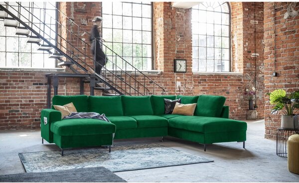Zielona aksamitna rozkładana sofa w kształcie litery "U" Miuform Lofty Lilly, prawostronna