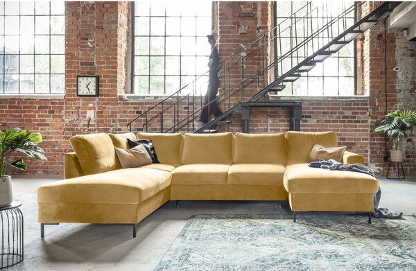 Musztardowożółta aksamitna rozkładana sofa w kształcie litery "U" Miuform Lofty Lilly, lewostronna
