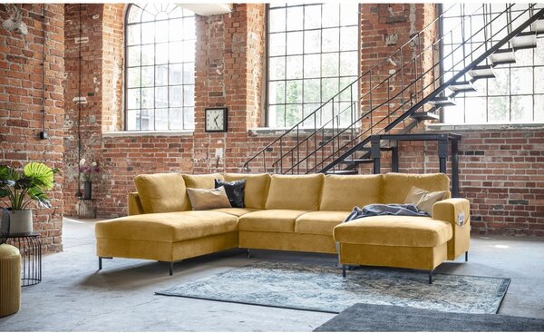Musztardowożółta aksamitna rozkładana sofa w kształcie litery "U" Miuform Lofty Lilly, lewostronna