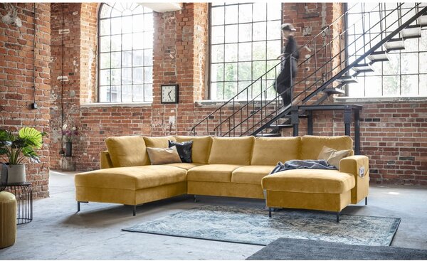 Musztardowożółta aksamitna rozkładana sofa w kształcie litery "U" Miuform Lofty Lilly, lewostronna