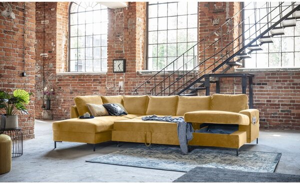 Musztardowożółta aksamitna rozkładana sofa w kształcie litery "U" Miuform Lofty Lilly, lewostronna