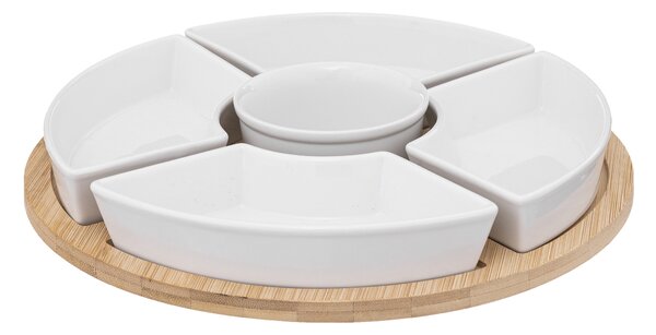 Zestaw do przekąsek: 5 porcelanowych miseczek + bambusowa taca