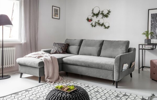 Jasnoszary aksamitny narożnik rozkładany Miuform Stylish Stan, lewostronny