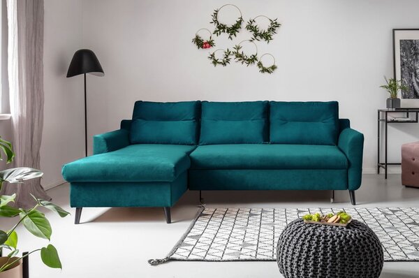 Turkusowy aksamitny narożnik rozkładany Miuform Stylish Stan, lewostronny