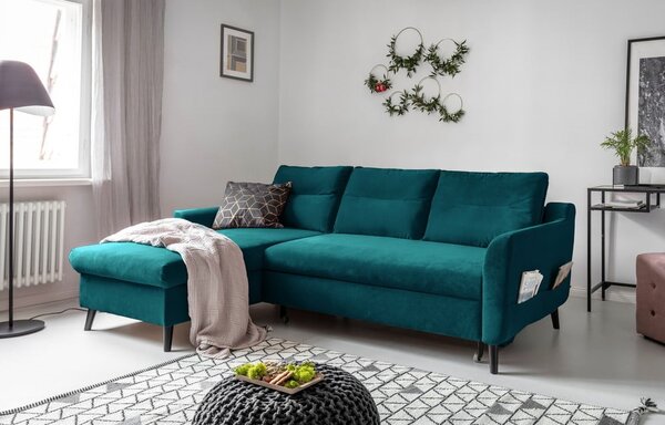 Turkusowy aksamitny narożnik rozkładany Miuform Stylish Stan, lewostronny