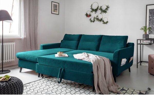 Turkusowy aksamitny narożnik rozkładany Miuform Stylish Stan, lewostronny
