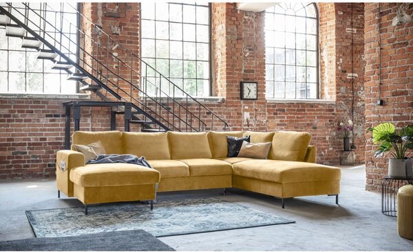 Musztardowożółta aksamitna rozkładana sofa w kształcie litery "U" Miuform Lofty Lilly, prawostronna