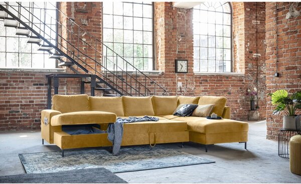 Musztardowożółta aksamitna rozkładana sofa w kształcie litery "U" Miuform Lofty Lilly, prawostronna