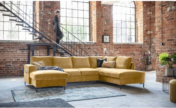 Musztardowożółta aksamitna rozkładana sofa w kształcie litery "U" Miuform Lofty Lilly, prawostronna