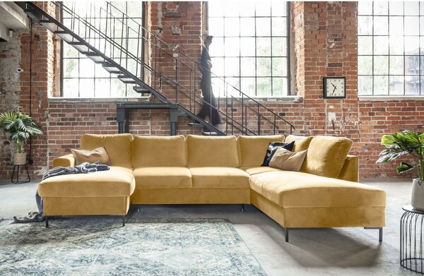 Musztardowożółta aksamitna rozkładana sofa w kształcie litery "U" Miuform Lofty Lilly, prawostronna