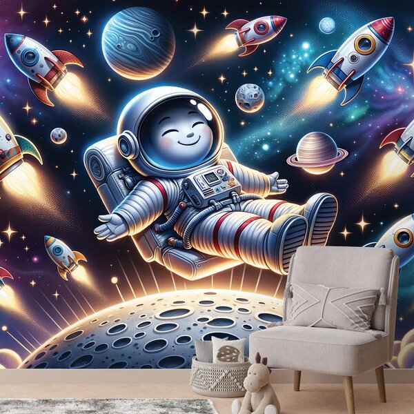 Fototapeta wesoły astronauta wśród rakiet