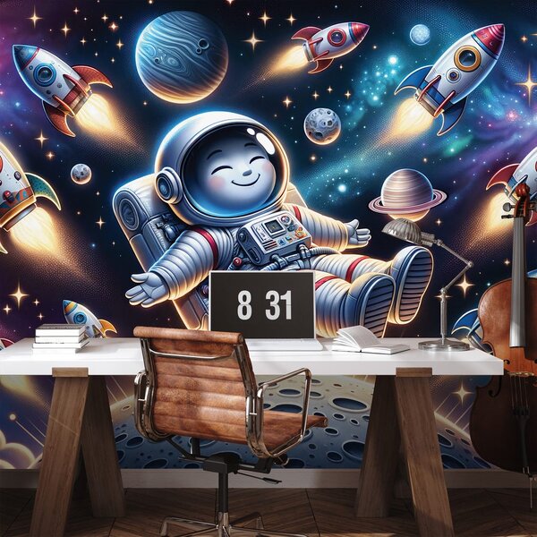 Fototapeta wesoły astronauta wśród rakiet