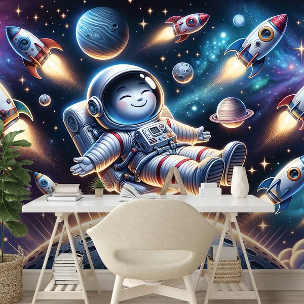 Fototapeta wesoły astronauta wśród rakiet
