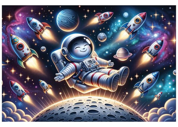 Fototapeta wesoły astronauta wśród rakiet