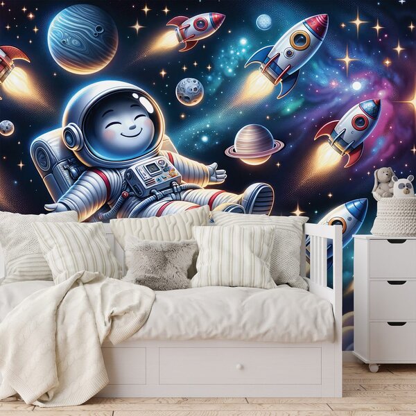 Fototapeta wesoły astronauta wśród rakiet