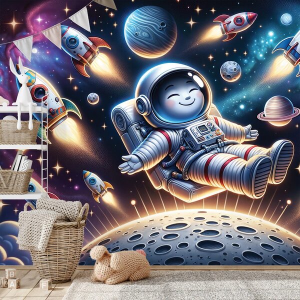 Fototapeta wesoły astronauta wśród rakiet