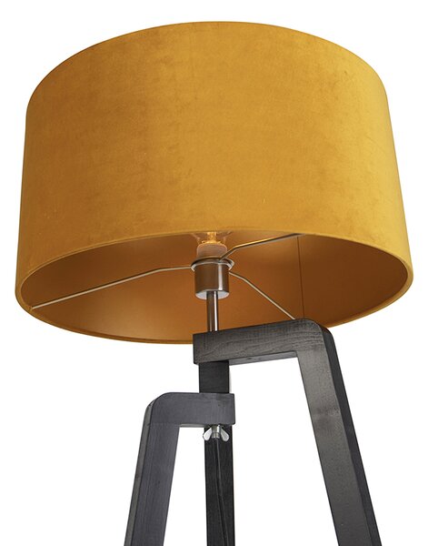 Lampa stojąca trójnóg czarna z żółtym kloszem i złotem 50 cm - Puros