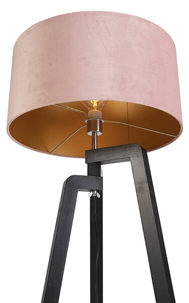 Lampa podłogowa trójnóg czarna z różowym kloszem i złotem 50 cm - Puros