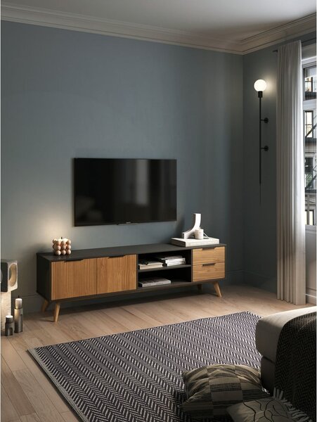 Czarno-naturalna szafka pod TV z drewna sosnowego 180x53 cm Lavis – Marckeric