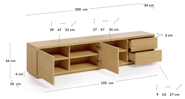 Szafka pod TV w dekorze dębu w naturalnym kolorze 200x44 cm Abilen − Kave Home