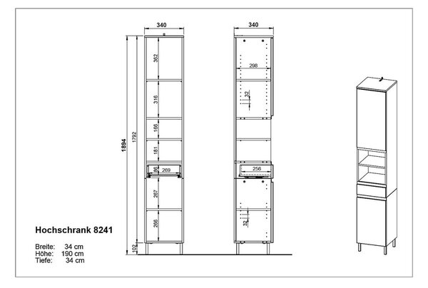Ciemnoszara wysoka szafka łazienkowa w dekorze dębu 34x190 cm Salinas – Germania