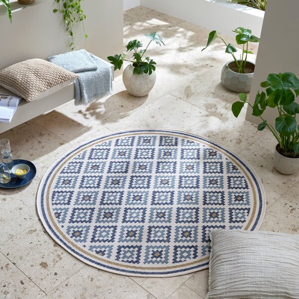 Żółto-niebieski okrągły dywan odpowiedni na zewnątrz ø 160 cm Zia Trellis – Flair Rugs