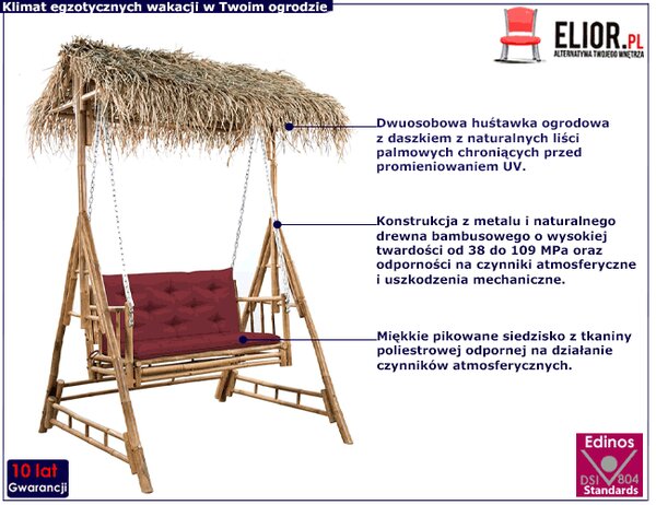 Bambusowa huśtawka ogrodowa z poduszką bordo - Amar