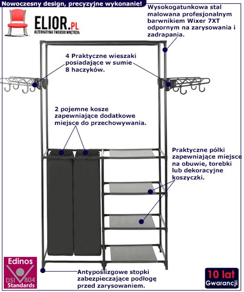 Wolnostojący wieszak na ubrania z półkami i koszami M9-H11