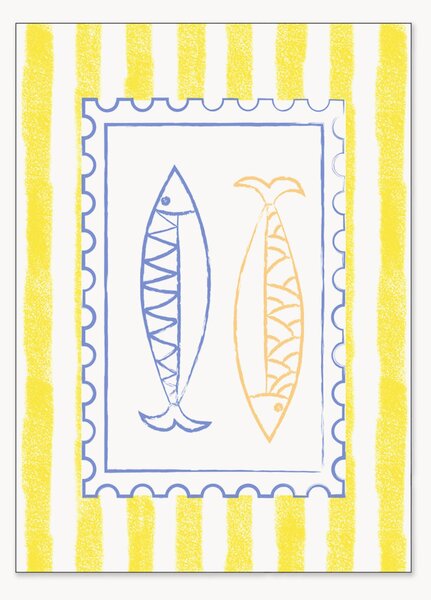 Druk cyfrowy Blue And Yellow Fish Stamp On Yellow Stripes