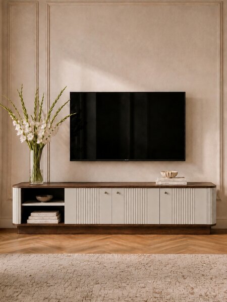 Szafka RTV Vesper 4D 187 cm na cokole - kaszmir / orzech / czarne uchwyty
